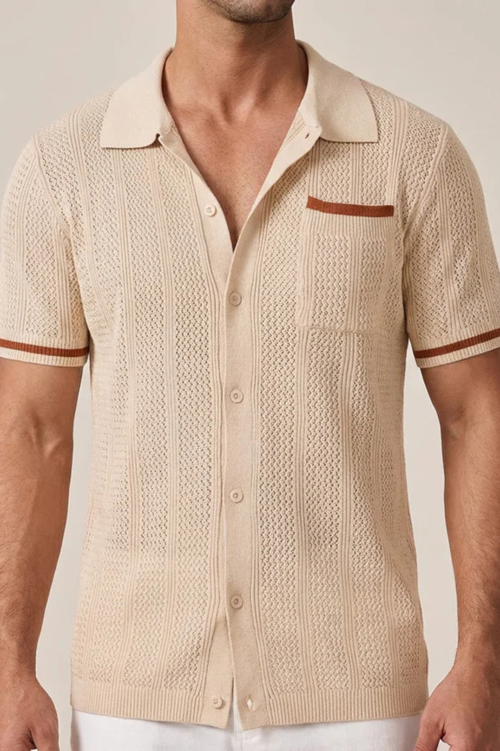 Stylish men's openwork knit short sleeve camp collar shirt, button-front, great for summer and resort fashion.