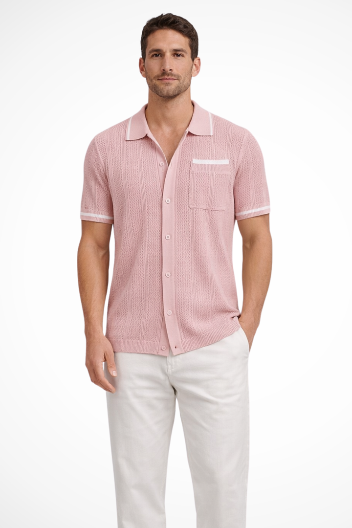 Textured openwork knit men's short sleeve camp collar shirt, button-front, casual & stylish for summer.