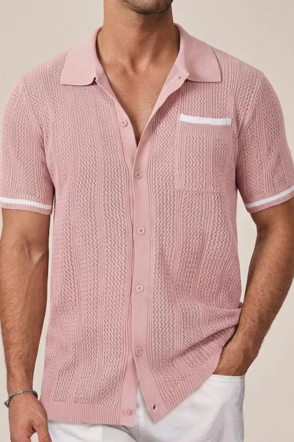 Fashionable men's openwork knit short sleeve shirt, camp collar, button-front, ideal for summer outfits.