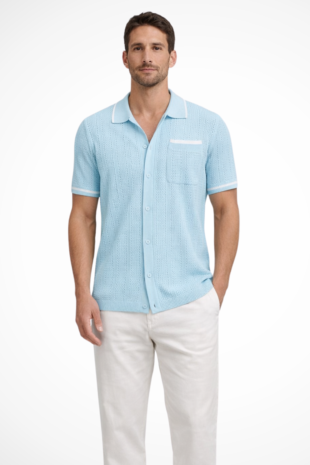 Men's openwork knit short sleeve camp collar shirt with a button-front and subtle texture, resort wear.