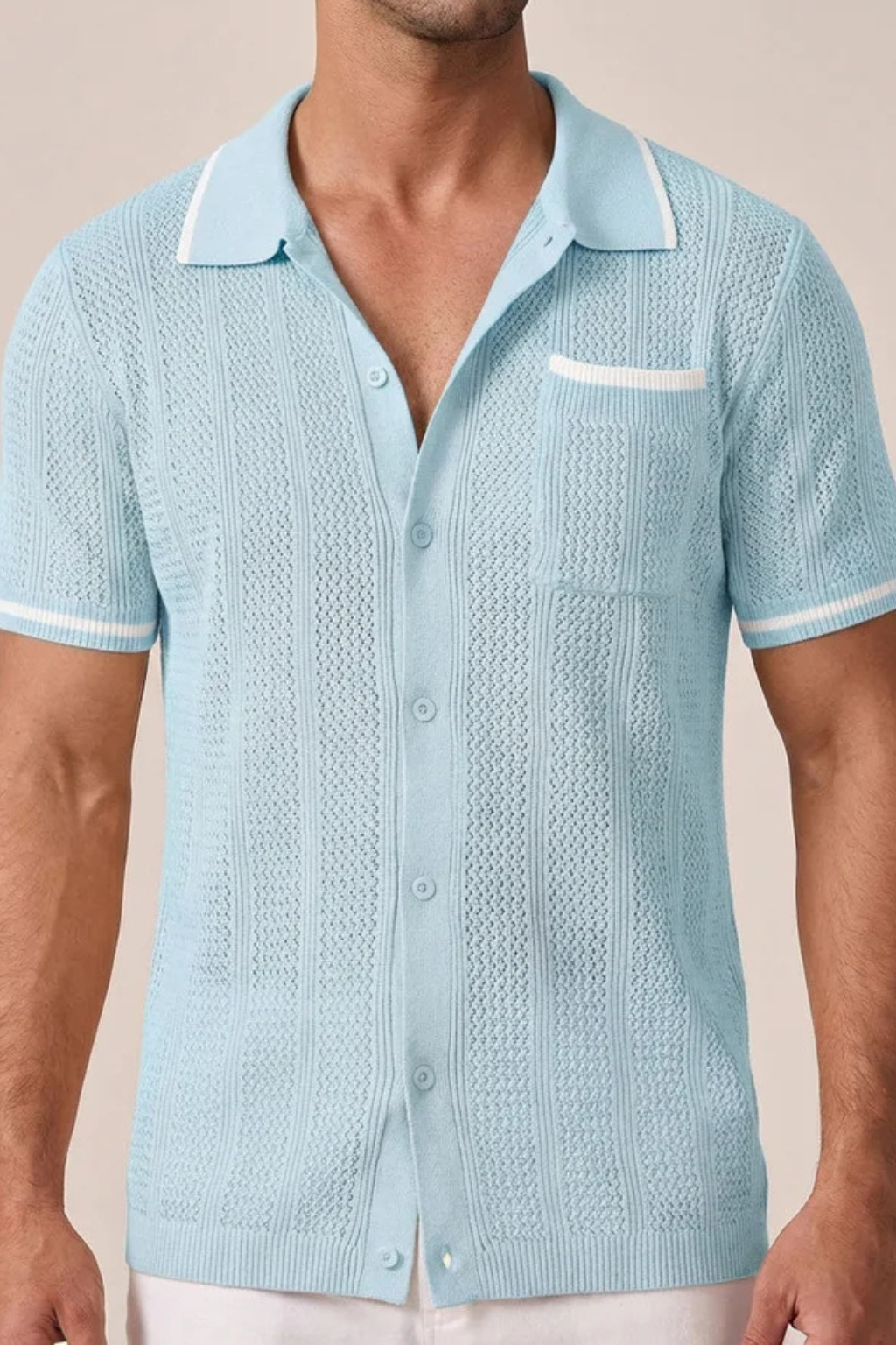 Casual men's openwork knit short sleeve camp collar shirt, button-front, perfect for warm weather style.