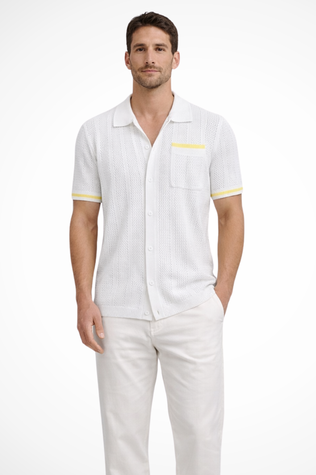 Modern men's openwork knit short sleeve shirt with camp collar, button-front, for stylish summer fashion.