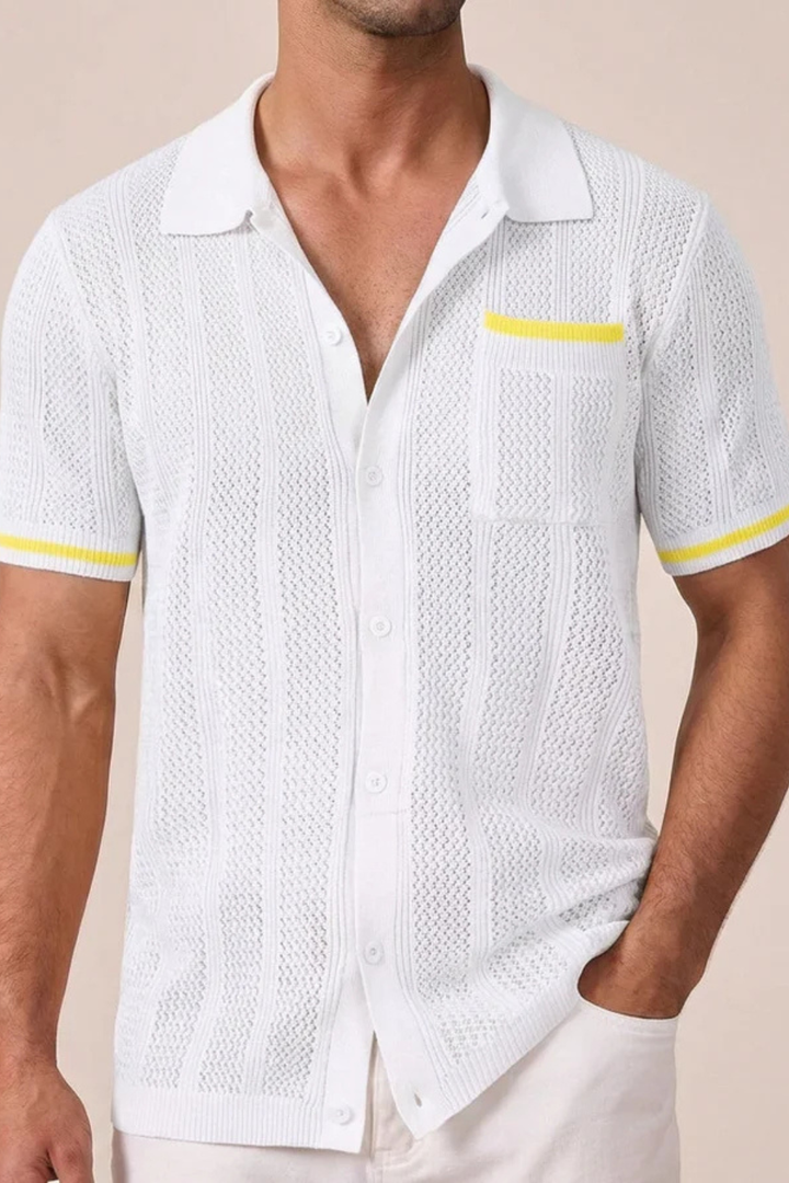 Resort-ready men's openwork knit short sleeve camp collar shirt, button-front, comfortable & stylish.