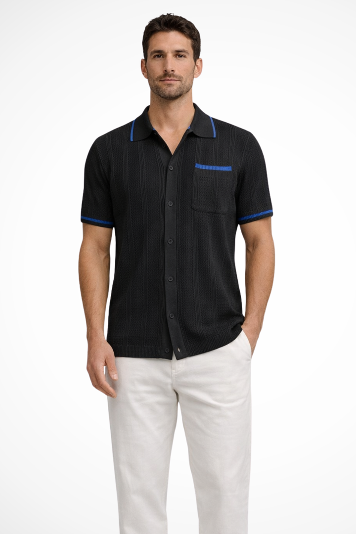 Men's short sleeve openwork knit shirt with camp collar & button-front, a versatile summer fashion piece.