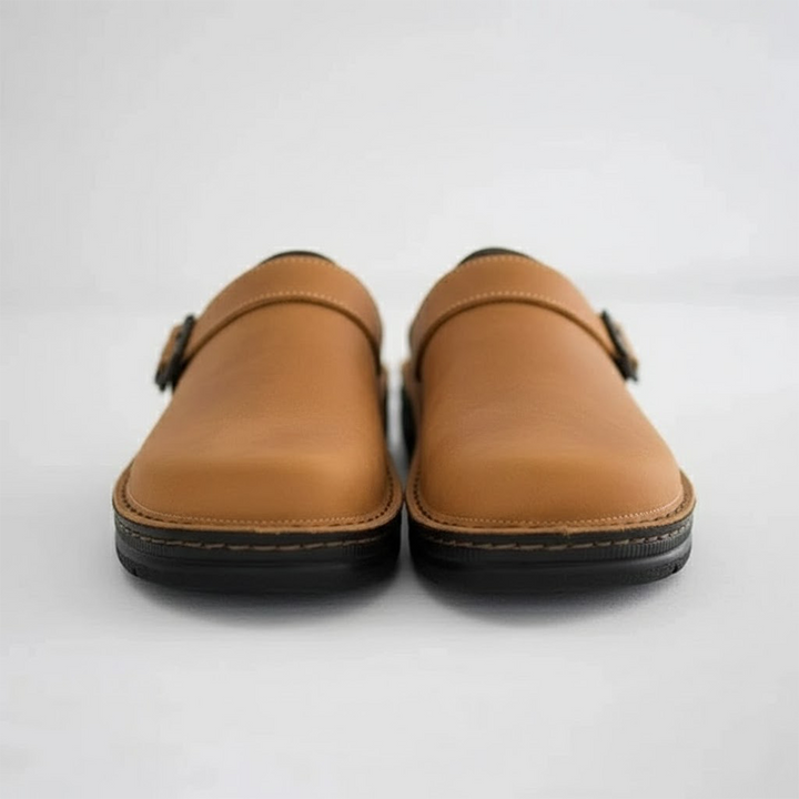 Men's orthopaedic leather slip-on clogs in brown, offering all-day comfort and arch support.