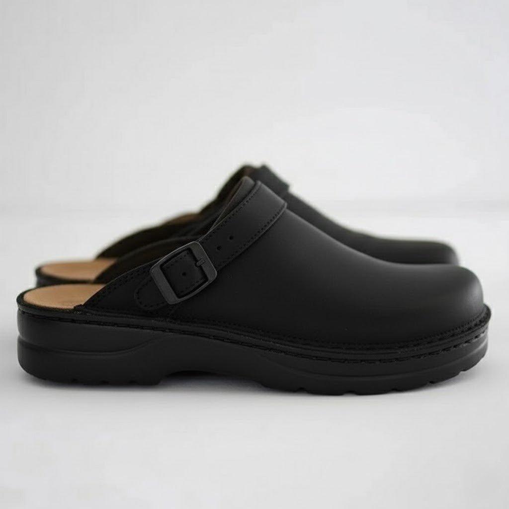 Men's orthopaedic clogs in tan leather, designed for easy slip-on wear and lasting comfort.