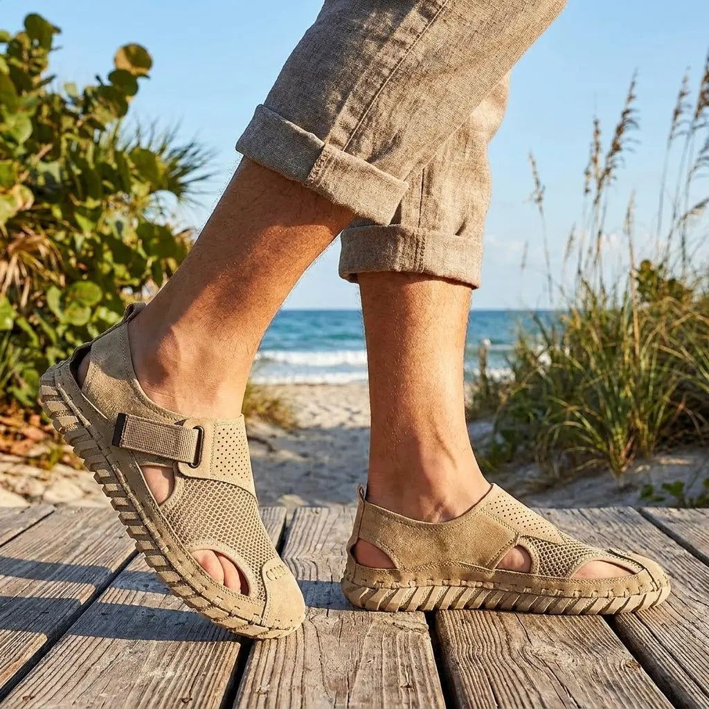 Men's breathable orthopedic closed-toe fisherman sandals with arch support and adjustable straps for ultimate comfort.