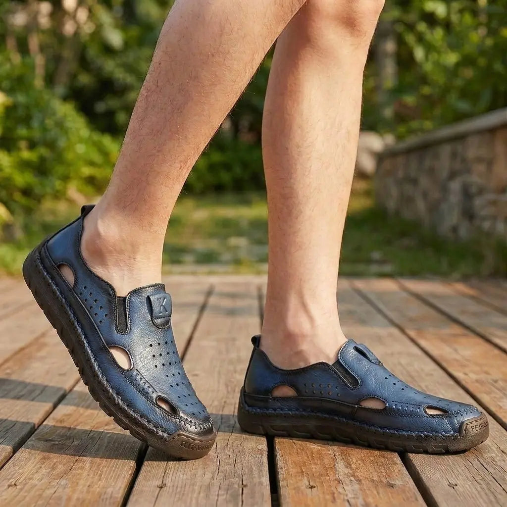 Men's orthopedic closed-toe sandals with arch support for comfortable summer wear. Hand-stitched design.