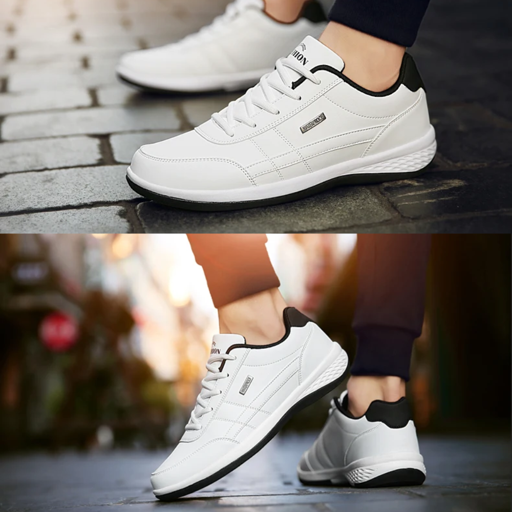 Front view of stylish men's orthopedic walking shoes, perfect for active lifestyles & everyday comfort.