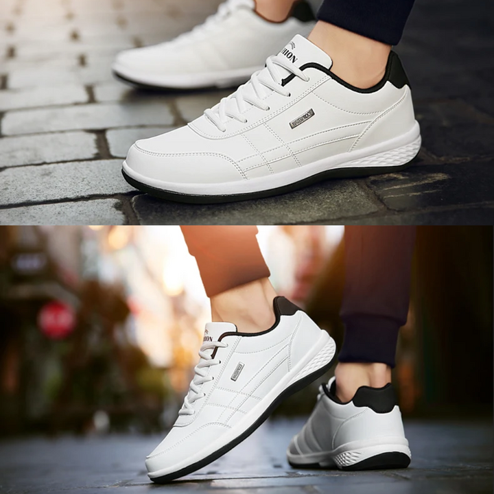 Front view of stylish men's orthopedic walking shoes, perfect for active lifestyles & everyday comfort.