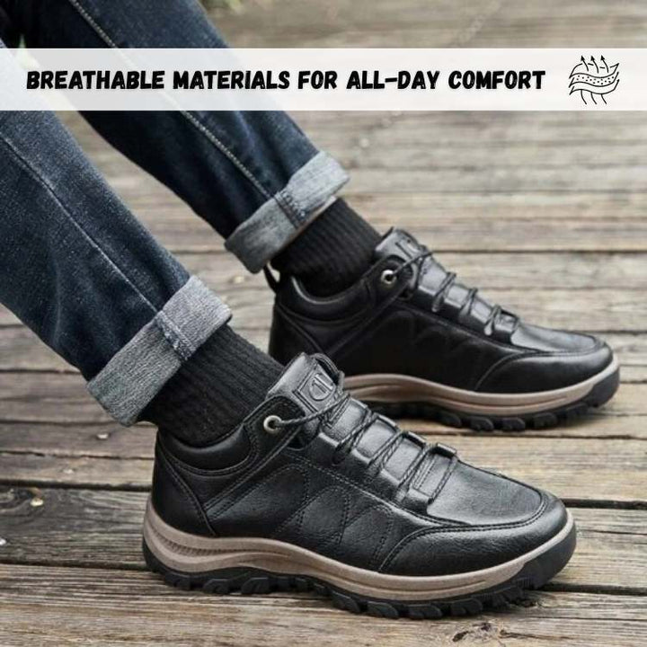 Durable men's walking shoes featuring a non-slip sole and orthopedic support for outdoor adventures.