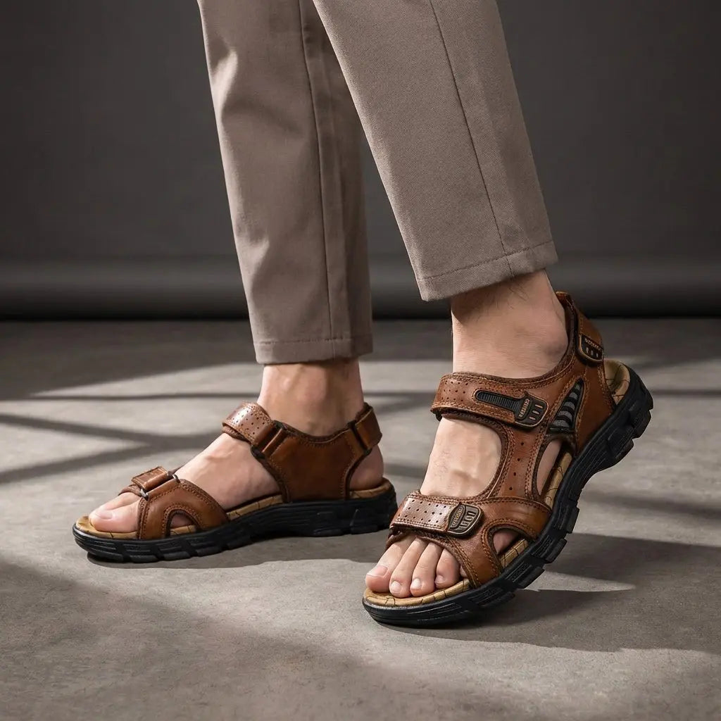 Men's open-toe orthopedic sandals featuring adjustable straps & strong arch support for all-day comfort.
