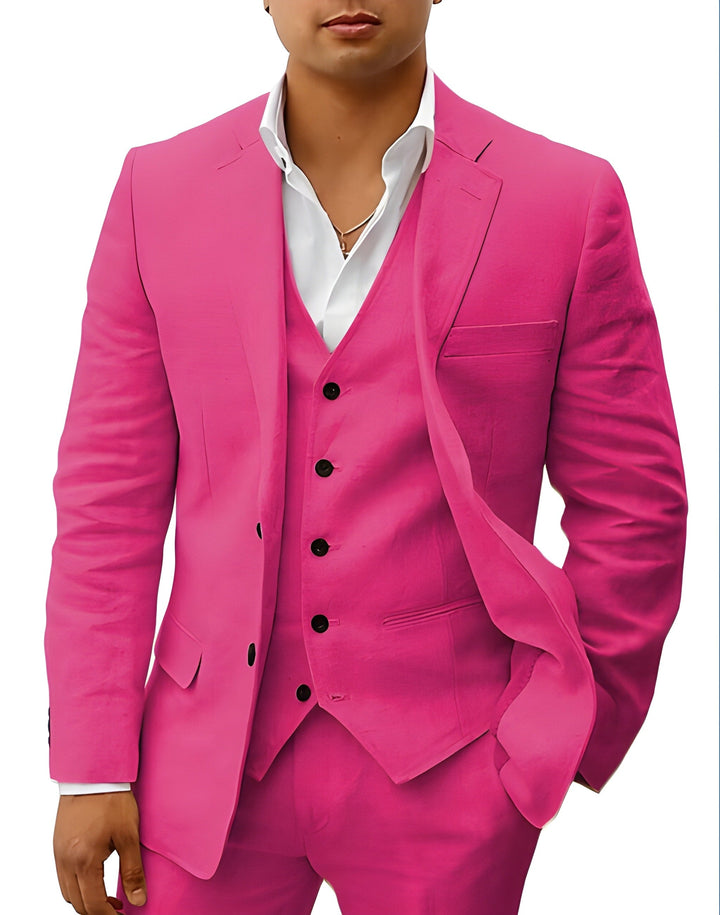 A man confidently sporting the Otis tailored fit three-piece suit and waistcoat.