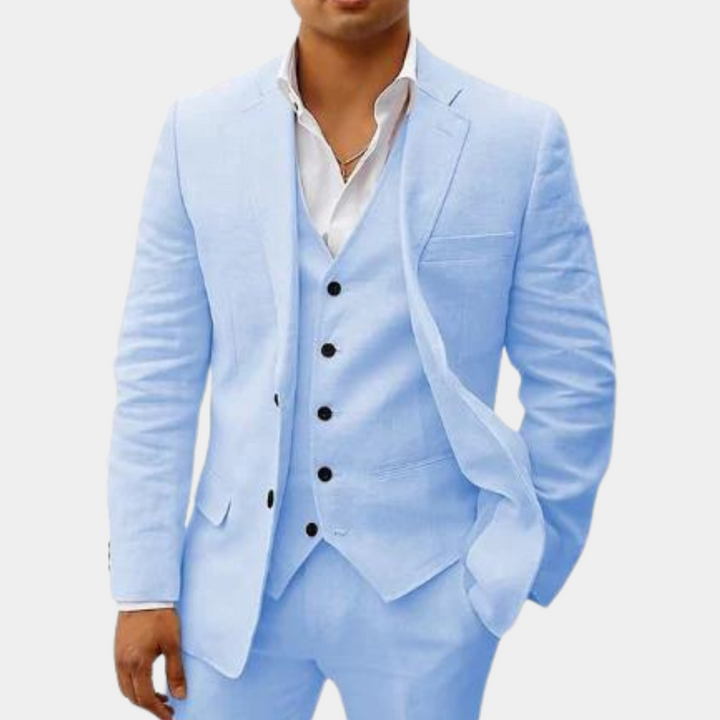 Crisp white shirt paired with the Otis men's classic suit and matching waistcoat.
