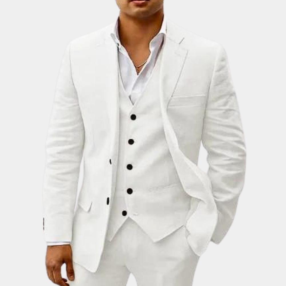 Tailored fit of the Otis men's three-piece suit, showcasing modern elegance.