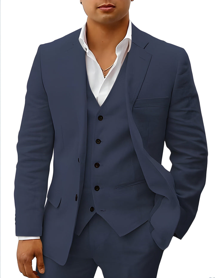 Summer wedding guest in a light grey Otis classic suit with waistcoat.
