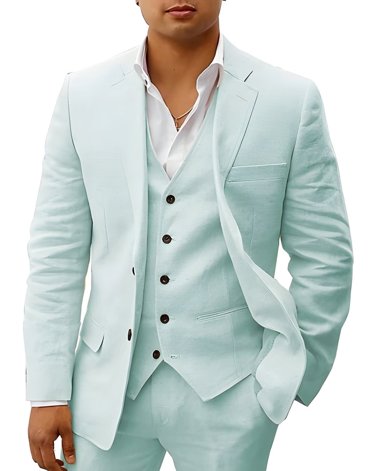 Model posing in a sharp, classic style Otis men's suit with waistcoat.