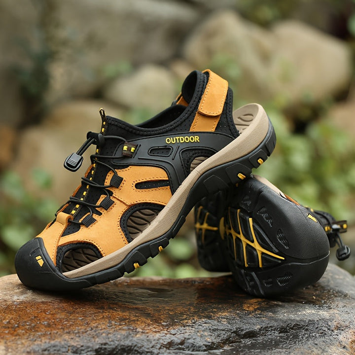 Breathable men's outdoor walking sandals with closed toe, offering comfort & support on varied terrain.