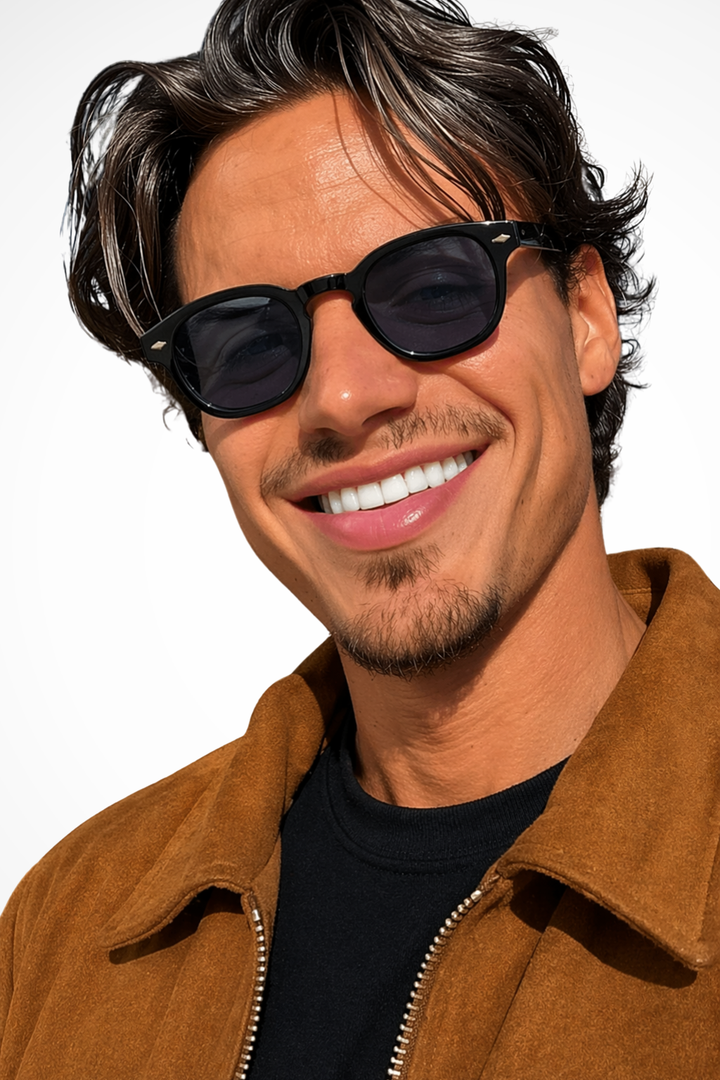 Men's oval thick frame sunglasses with dark tinted lenses for stylish UV protection.
