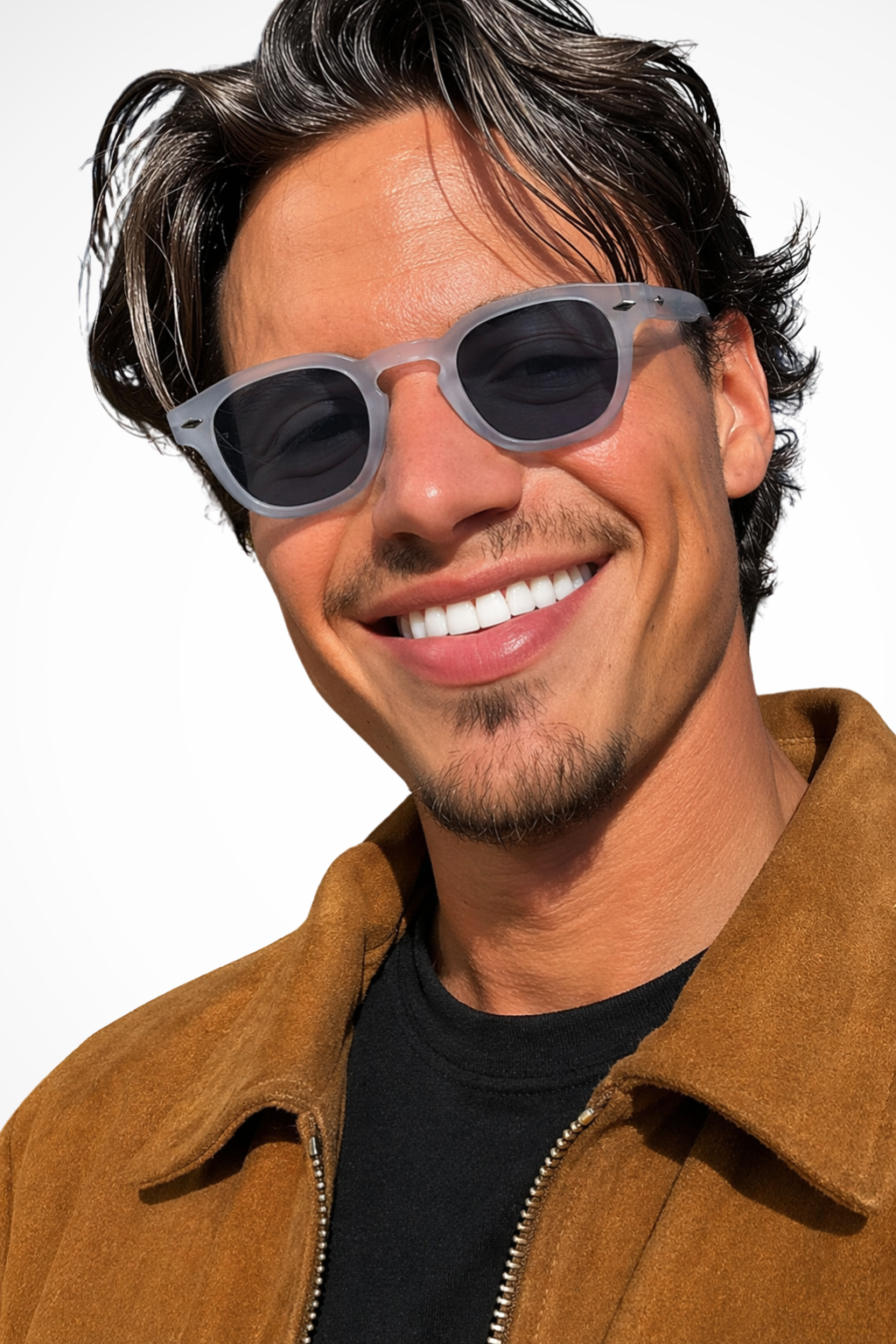 Thick frame men's oval sunglasses, tinted lenses, providing stylish UV protection.