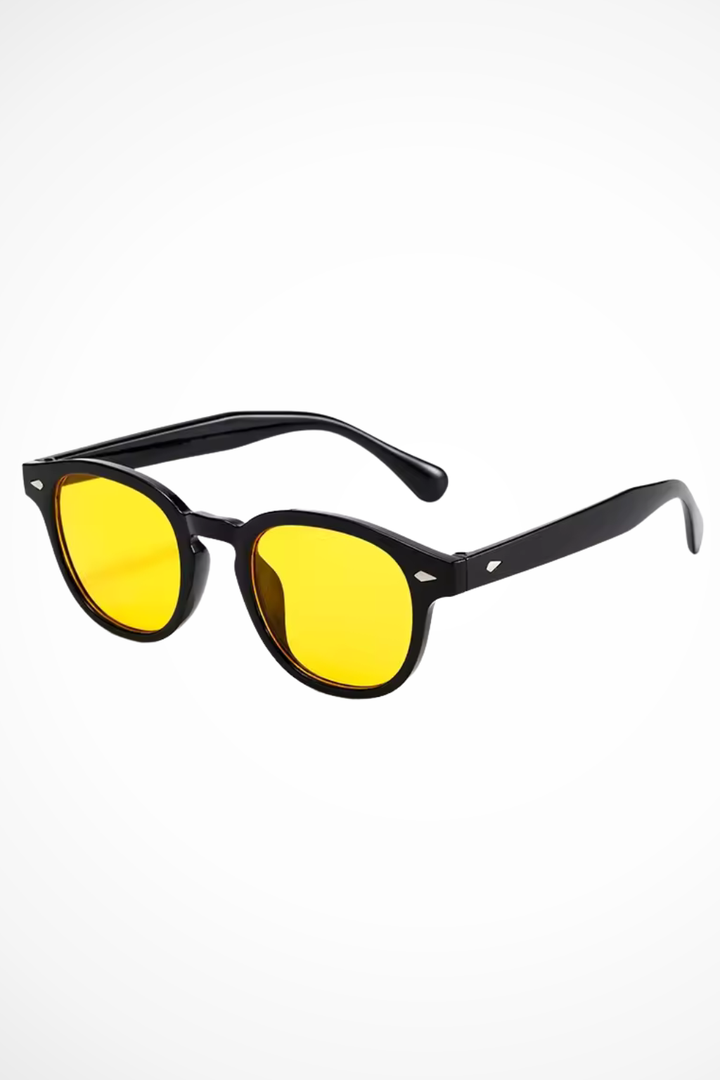 Men's eye protection: oval sunglasses with a thick frame and trendy tinted lenses.