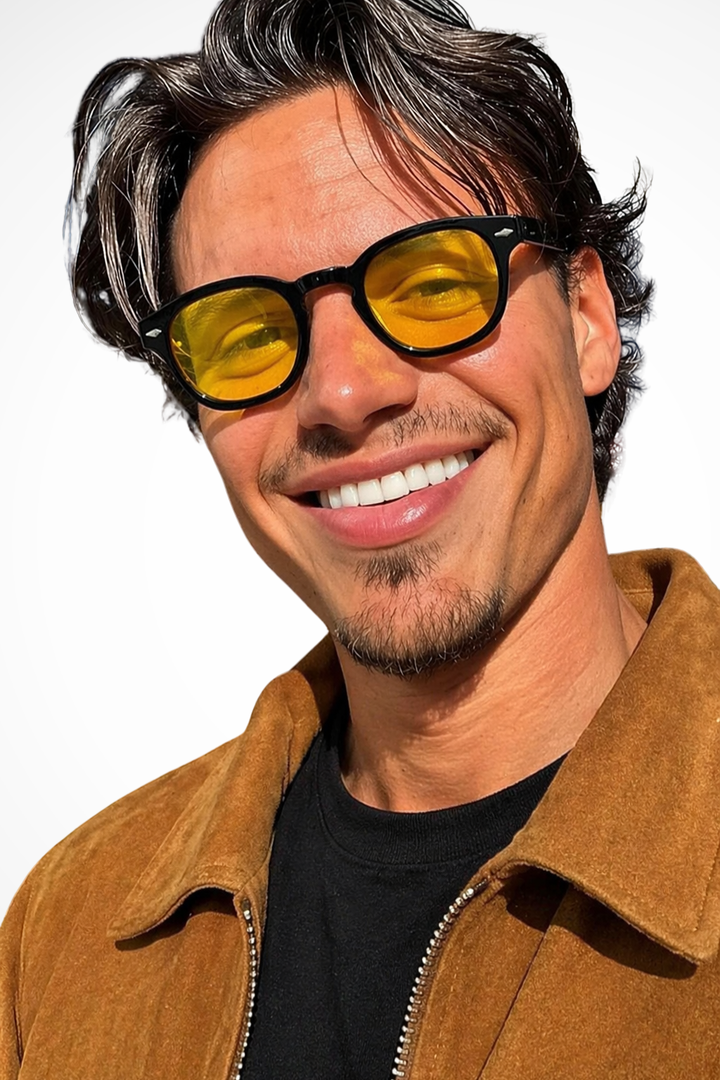 Stylish men's oval thick frame sunglasses, tinted lenses for maximum UV protection.
