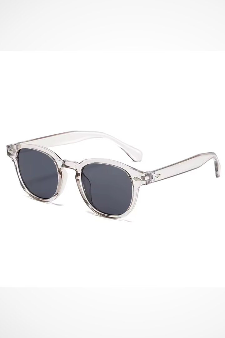 Men's fashion accessory: oval thick frame sunglasses with sleek tinted lenses.