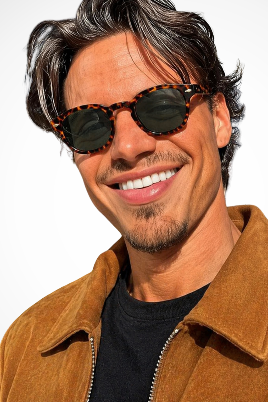 Men's black thick frame oval sunglasses with tinted lenses for ultimate UV eye protection.
