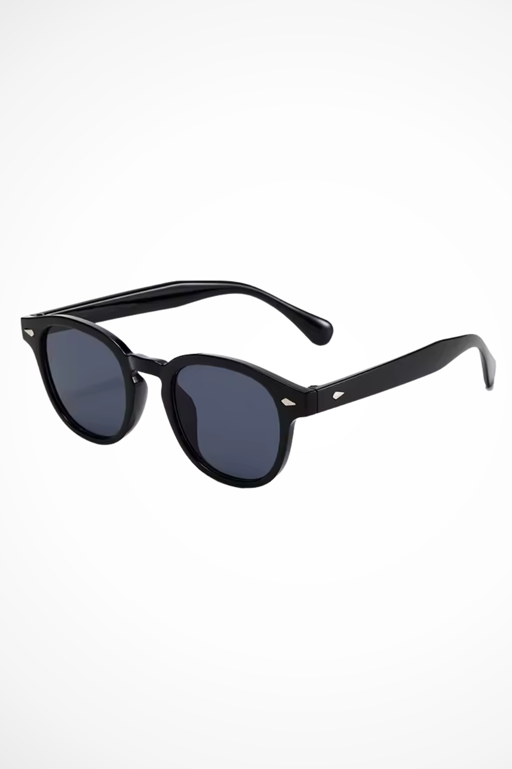 Stylish men's oval sunglasses, thick black frame, tinted lenses; perfect fashion accessory.