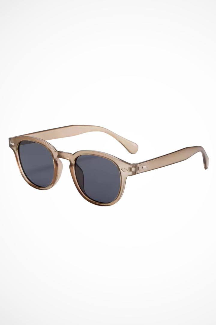 Fashionable men's oval sunglasses with thick frame & dark tinted lenses; eye protection.