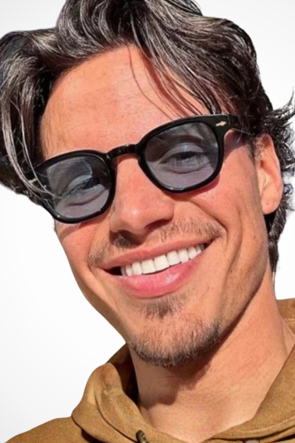 Dark tinted men's oval sunglasses with a sturdy thick frame; essential UV protection.