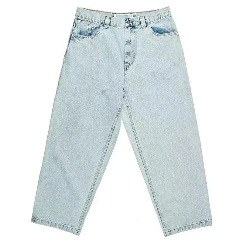 Model wearing casual oversize baggy jeans for men, perfect for streetwear looks.