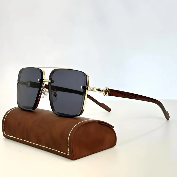 Men's oversized aviator sunglasses with gradient lenses, wooden temples, and UV protection for summer fashion.
