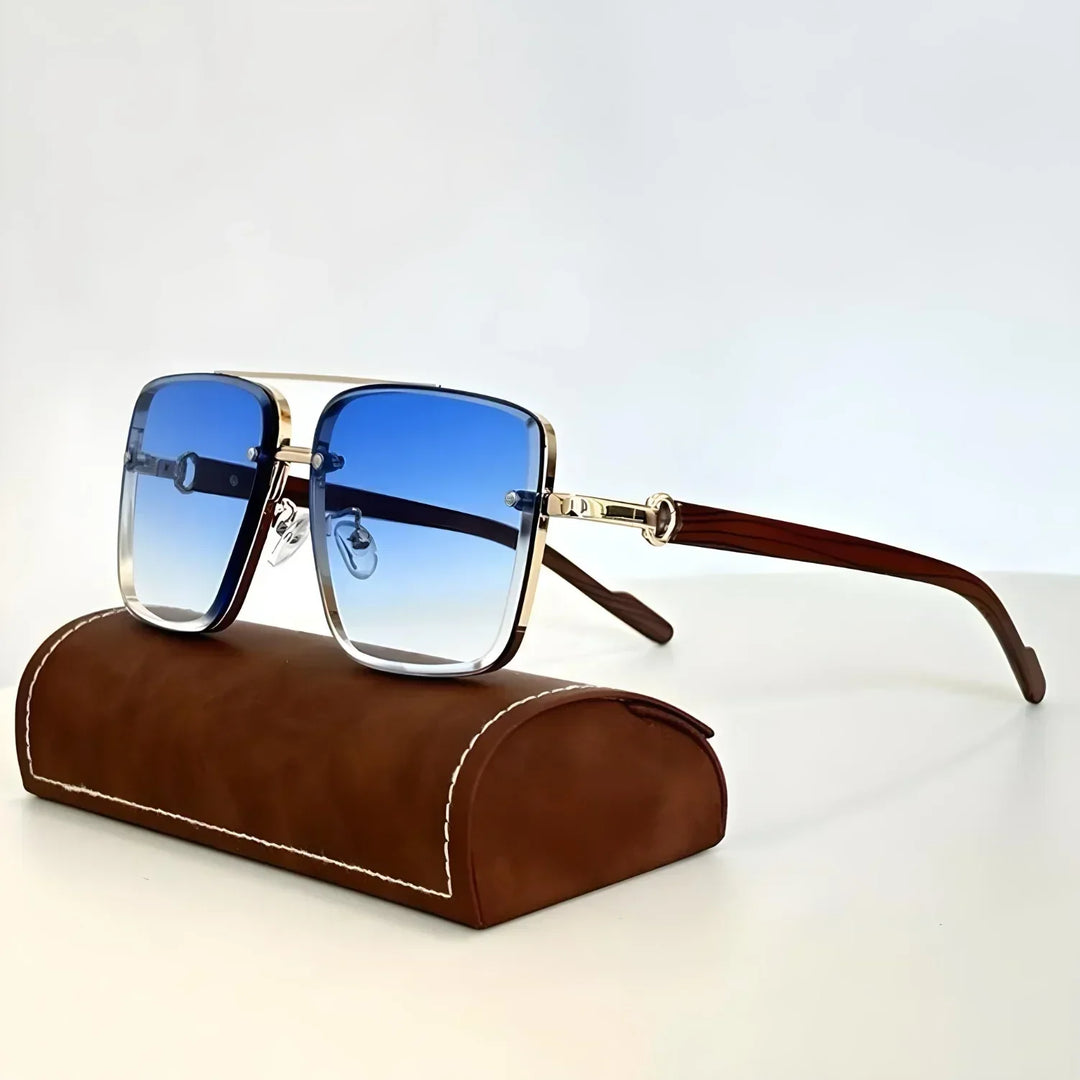 Fashion-forward men's oversized aviator eyewear. Offers UV protection with gradient lenses and stylish wooden temples.