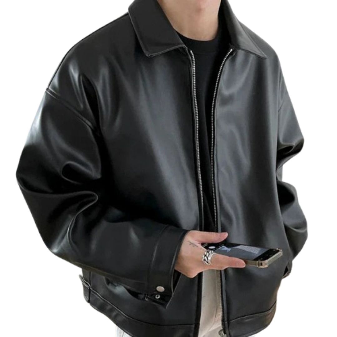 Men's oversized black leather bomber jacket, perfect for streetwear style.