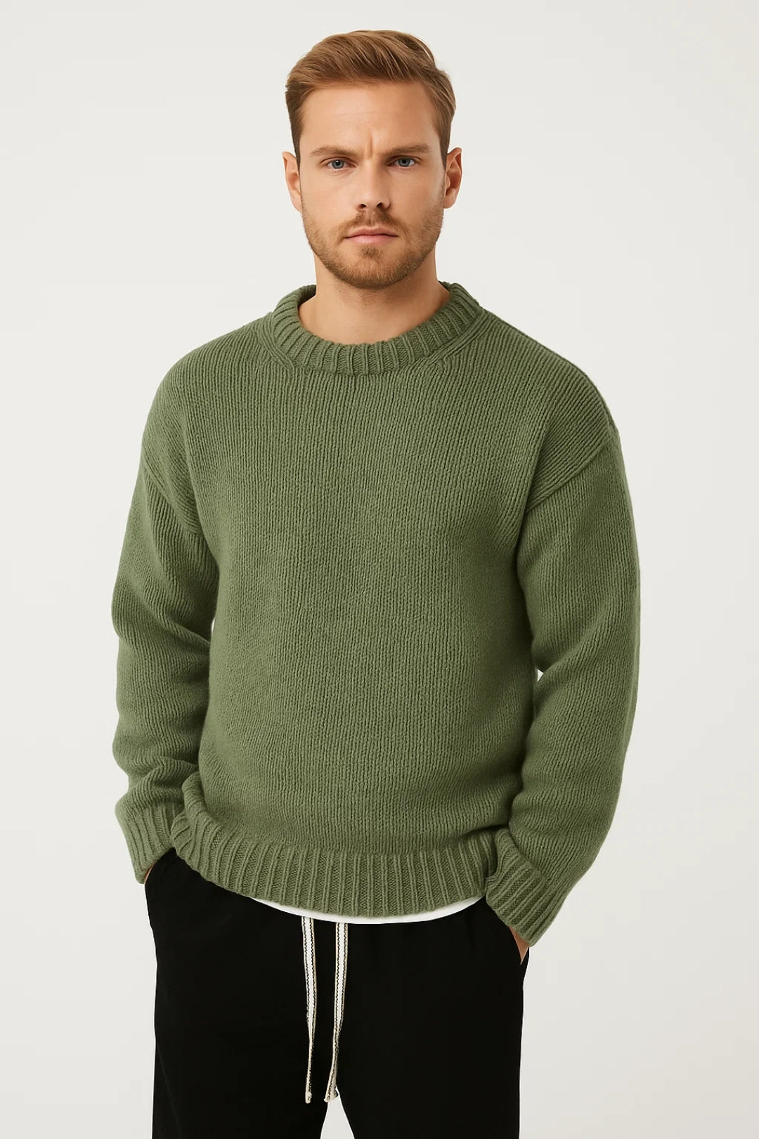 Modern men's oversized crew neck sweater for fall/winter layering. Warm, comfortable pullover.