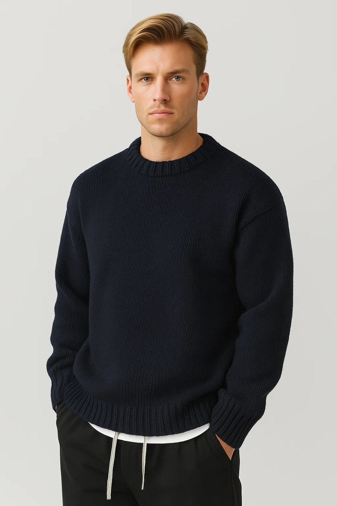 Versatile men's oversized crew neck pullover sweater, ideal for casual wear or comfortable layering.