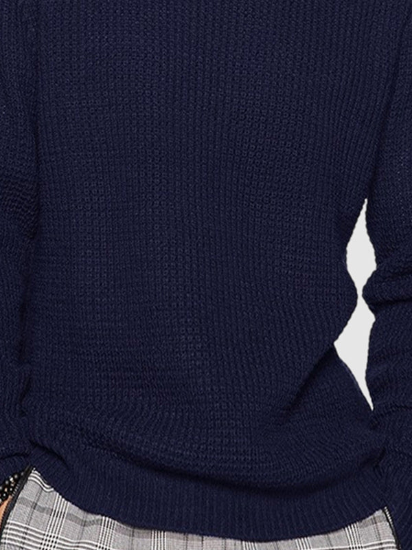 Close-up: Soft, cozy texture of a men's oversized crew neck sweater. Perfect for winter warmth.