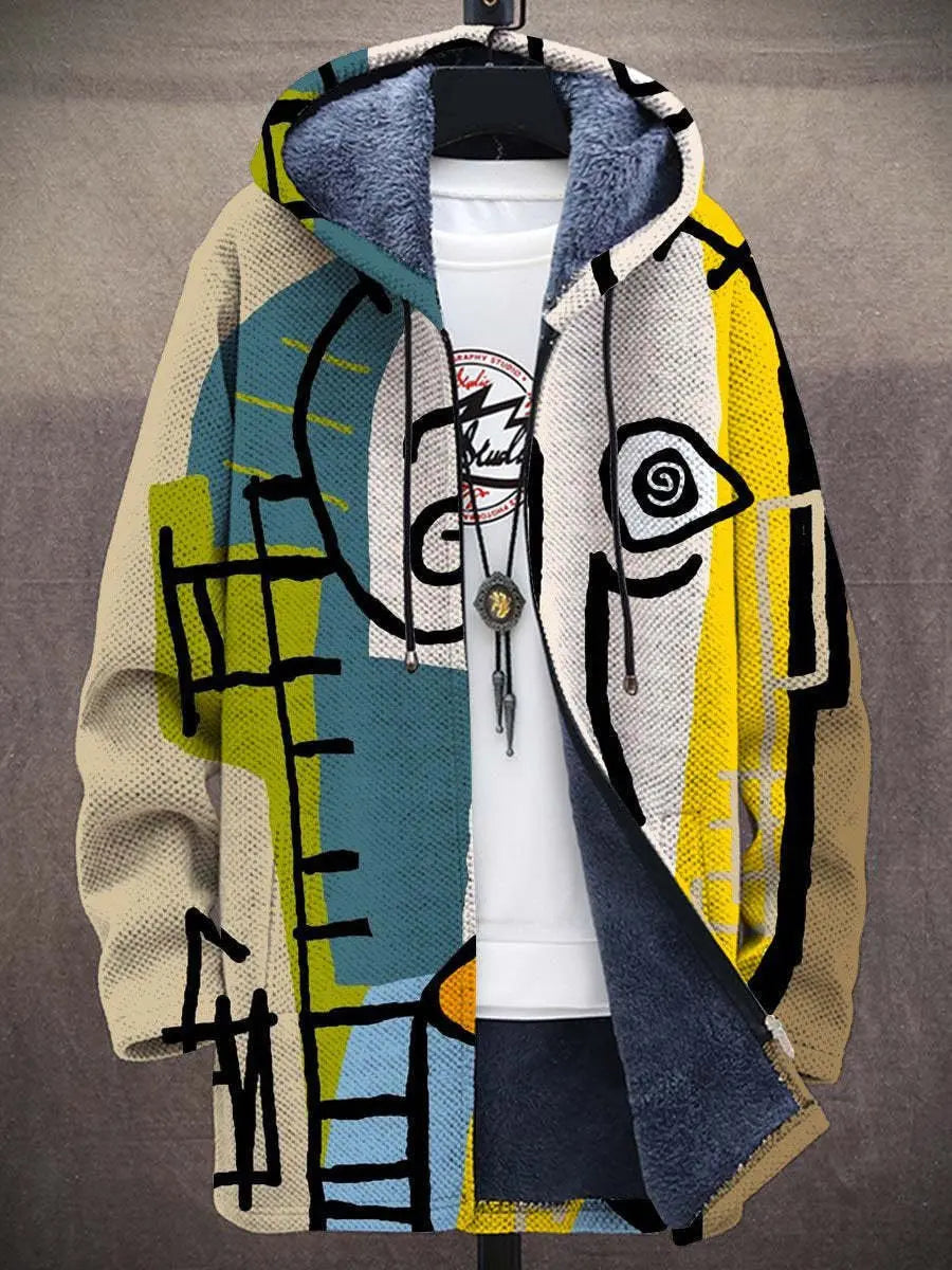 Men's oversized hooded zip-up cardigan with unique abstract print, ideal for casual winter layering & urban style.