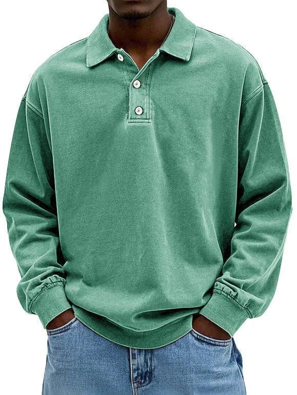 Relaxed fit men's long sleeve polo shirt, oversized design for comfortable everyday fashion and casual style.