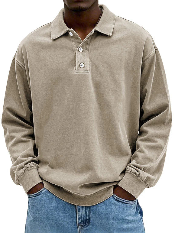 Versatile men's oversized long sleeve polo shirt, relaxed fit, ideal casual collared top for modern men's fashion.