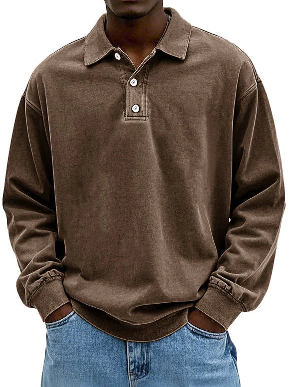 Comfortable men's oversized long sleeve polo, relaxed fit, button-down style for easy everyday casual wear.