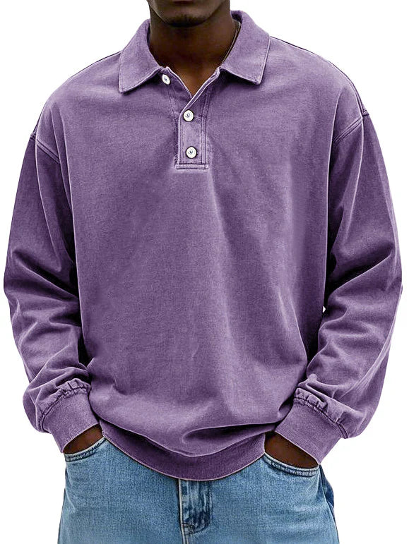 Classic men's oversized long sleeve polo, relaxed fit with collar & buttons, great for versatile casual wear.