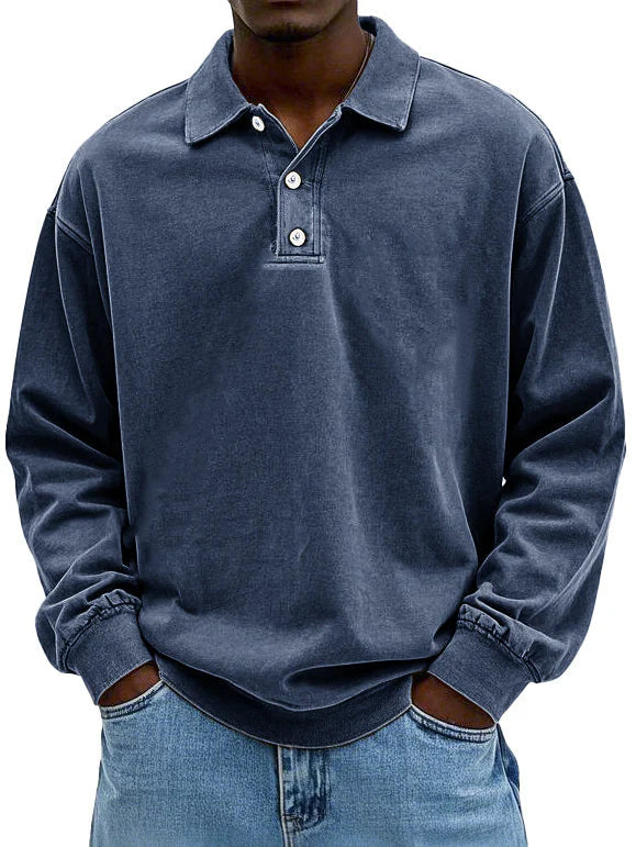 Modern men's oversized long sleeve polo shirt, relaxed fit for contemporary casual fashion and comfort.