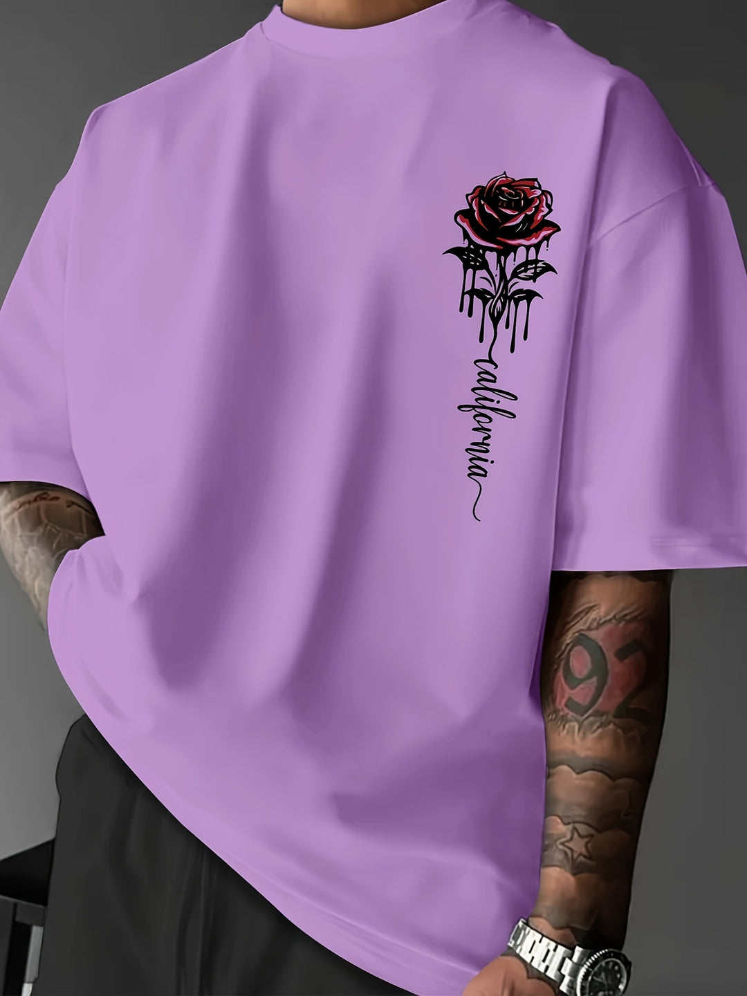 Casual crew neck tee for men featuring a trendy oversized fit and rose design.