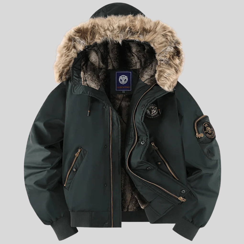 Men's padded bomber jacket with detachable faux-fur hood, a stylish winter coat for casual wear.
