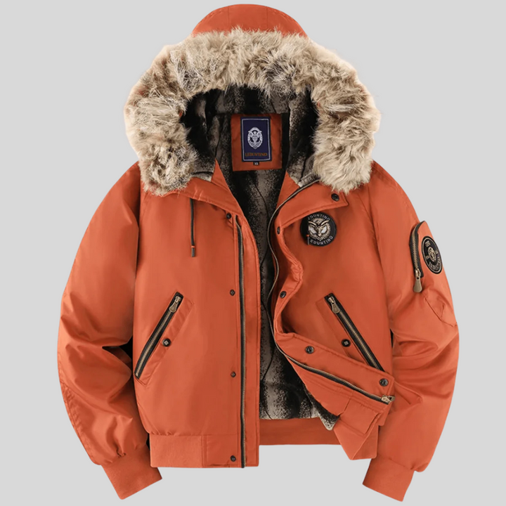 Warm and fashionable men's bomber jacket featuring plush faux-fur lining on the hood for cold weather.