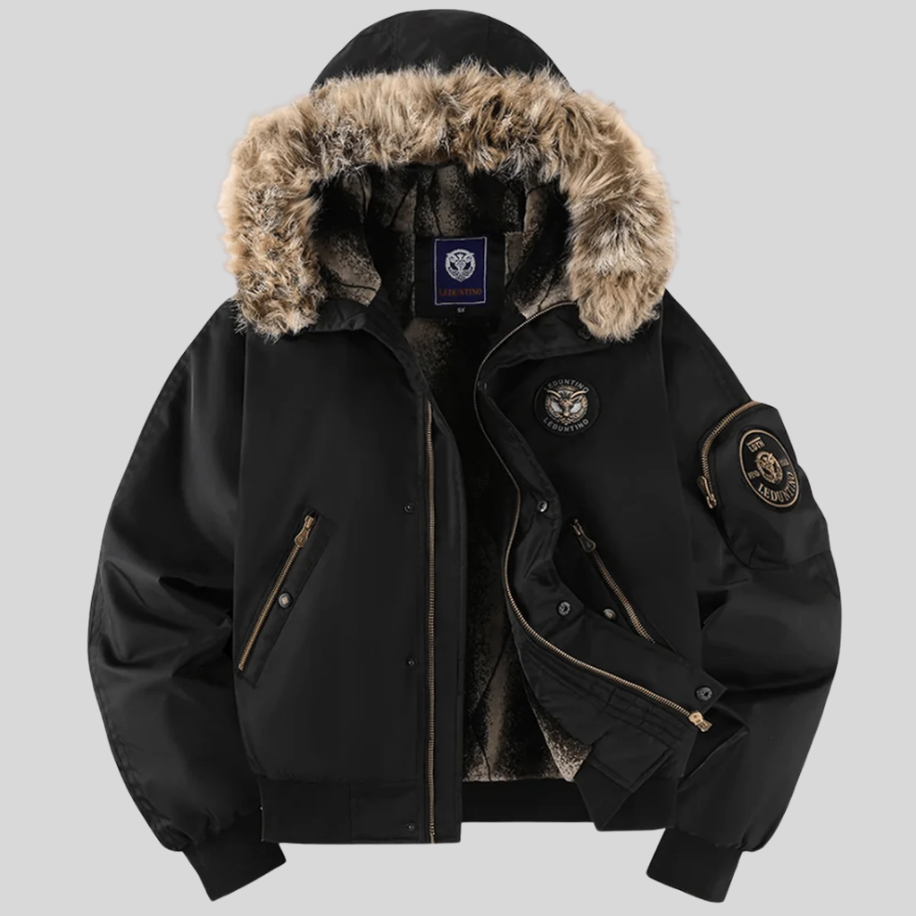 Durable men's padded outerwear: a classic bomber jacket with a trendy faux-fur trimmed hood for winter style.