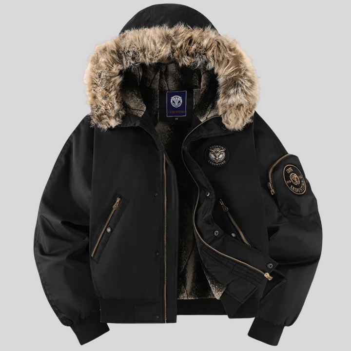 Durable men's padded outerwear: a classic bomber jacket with a trendy faux-fur trimmed hood for winter style.