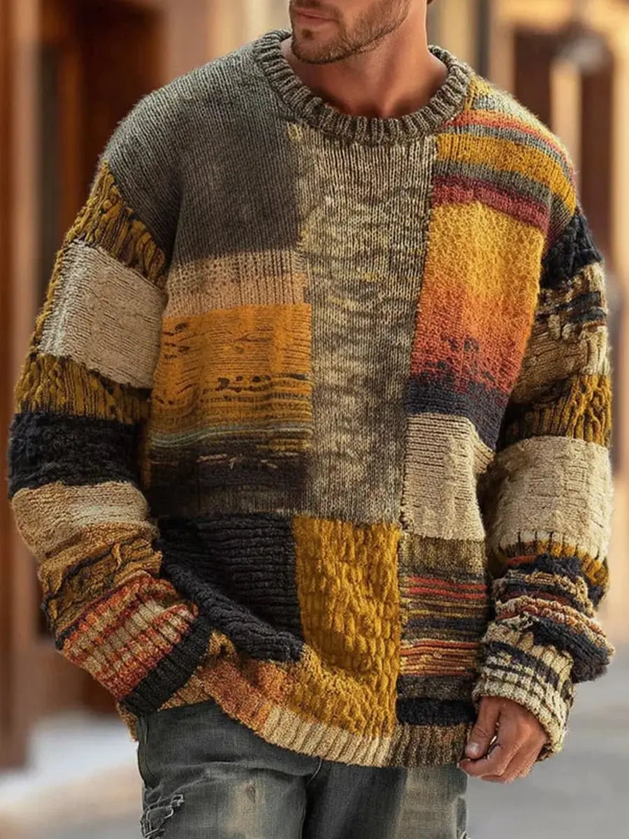 Men's patchwork colourblock chunky knit sweater, a warm and casual pullover for winter and autumn fashion.